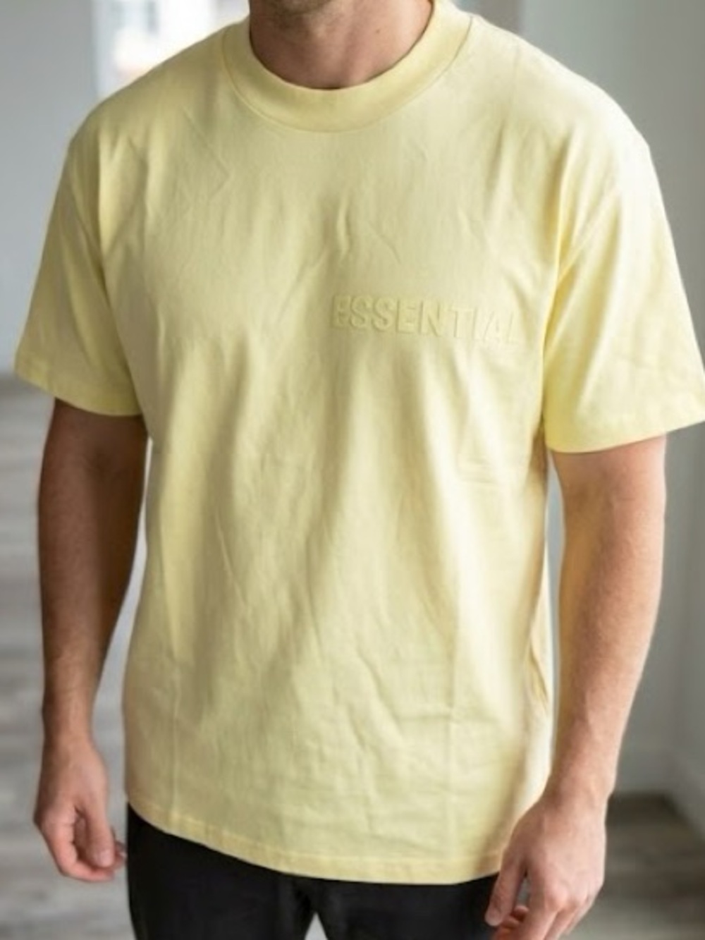 ESSENTIALS Men’s Pale Yellow Logo Sleeve T-Shirt